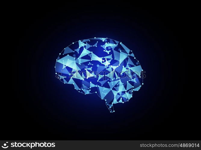 Digital human brain. Digital blue grid brain on dark background