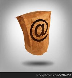 Digital identity and private or anonymous social network user on the internet as a brown paper bag with a hole shaped as the email symbol with an ampersand icon.