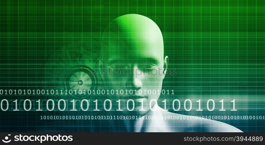Digital Identity with an Android Faceless Head Art. Binary Data Stream