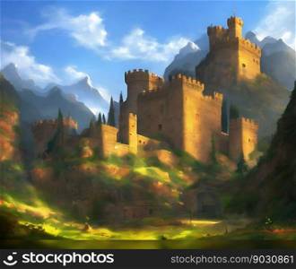Digital illustration of a medieval castle on a hill. Generative AI.