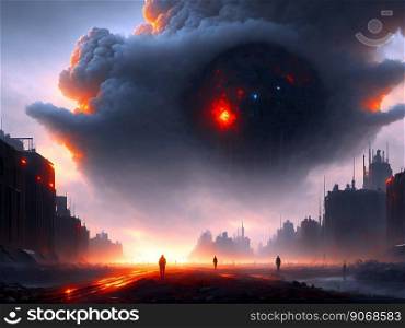 Digital illustration of a nuclear explosion. The beginning of apocalypse. People standing and watching. AI generated.