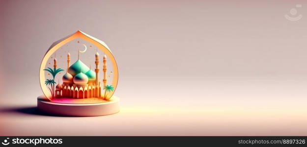 Digital Illustration of Mosque for Ramadan Islmic Celebration Banner with Copy Space