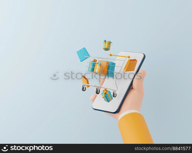 Digital marketing concept, Businessman holding smartphone with shopping cart popping out, Shopping Online on mobile application, 3d illustration