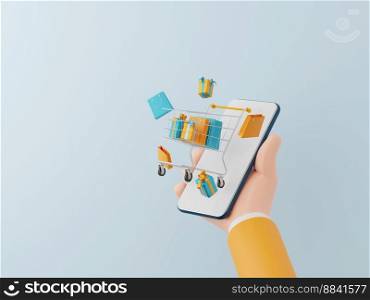 Digital marketing concept, Businessman holding smartphone with shopping cart popping out, Shopping Online on mobile application, 3d illustration