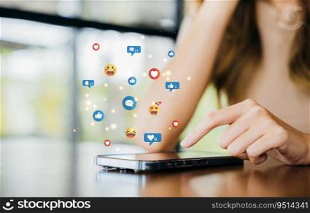  Digital marketing concept with social media notification icons on mobile phone, person holding device, online communication and networking, Social media