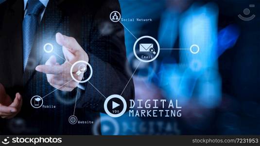 Digital marketing media (website ad, email, social network, SEO, video, mobile app) in virtual screen.businessman success working with his team as concept.