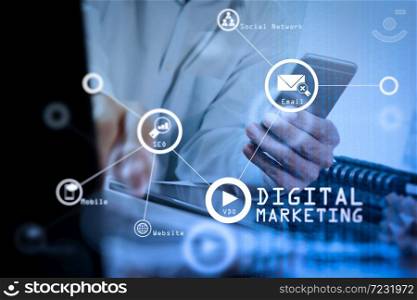 Digital marketing media (website ad, email, social network, SEO, video, mobile app) in virtual screen.Businessman hand using laptop and mobile phone on wooden desk as concept.