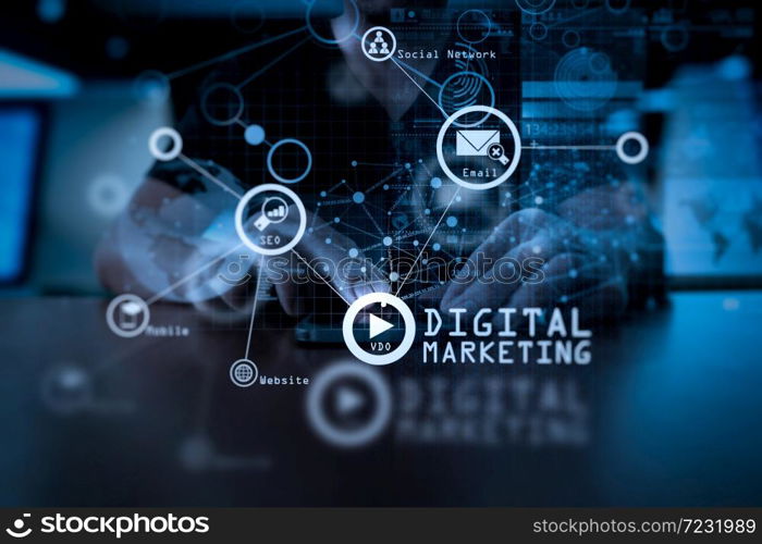 Digital marketing media (website ad, email, social network, SEO, video, mobile app) in virtual screen.Businessman hand using mobile phone with digital layer effect as business strategy concept.