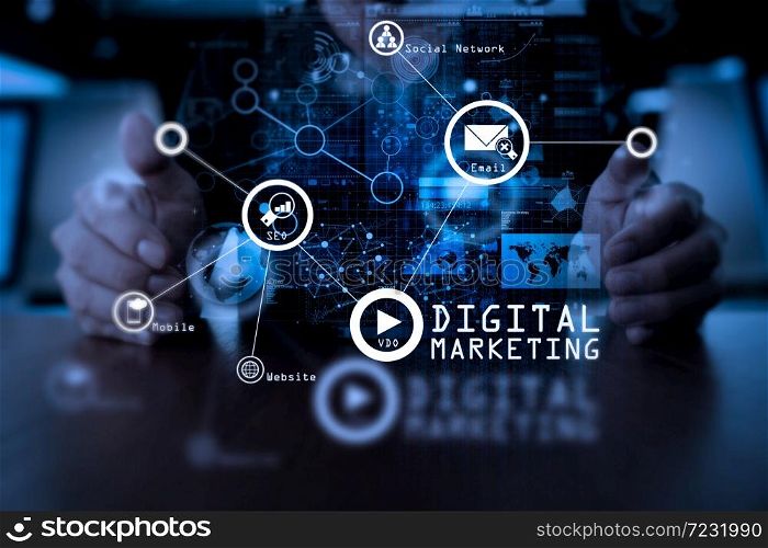 Digital marketing media (website ad, email, social network, SEO, video, mobile app) in virtual screen.Businessman hand using mobile phone with digital layer effect as business strategy concept.