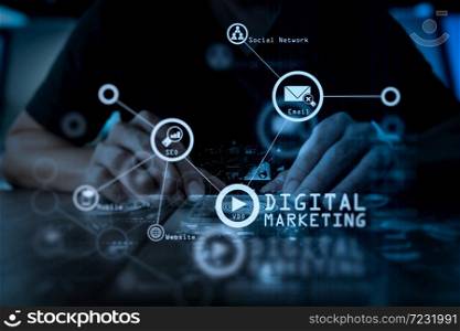 Digital marketing media (website ad, email, social network, SEO, video, mobile app) in virtual screen.Businessman hand using mobile phone with digital layer effect as business strategy concept.