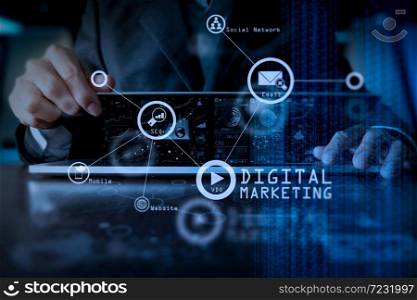 Digital marketing media (website ad, email, social network, SEO, video, mobile app) in virtual screen.business man hand working on laptop computer with digital layer business strategy and social media diagram on wooden desk.