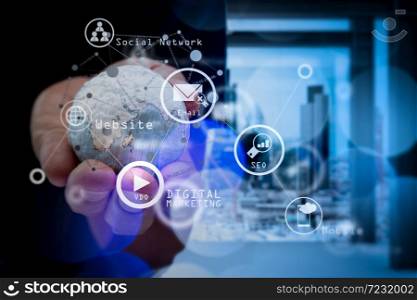 Digital marketing media (website ad, email, social network, SEO, video, mobile app) in virtual screen.businessman hand showing texture the world.Elements of this image furnished by NASA london city background