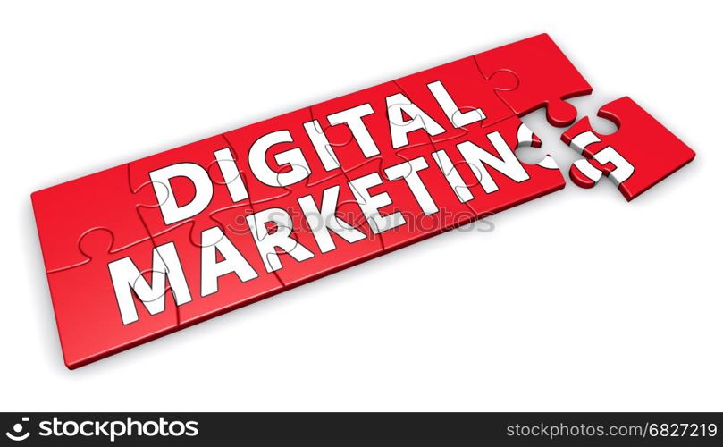 Digital marketing sign puzzle development concept 3D illustration.