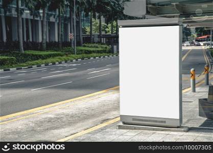 Digital Media blank advertising billboard in the bus stop, blank billboards public commercial with passengers, signboard for product advertisement design