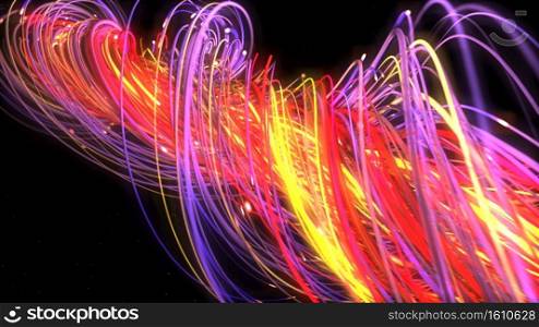 Digital neon multicolor strings lines twisting. Geometric abstract background