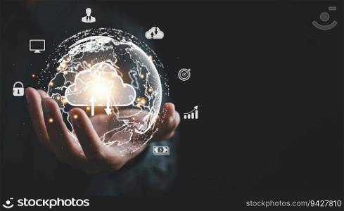 Digital Network of Insights, A businessman holds a globe, illustrating power of technology in capturing and analyzing data. Big data analytics and business intelligence shape future of global markets.