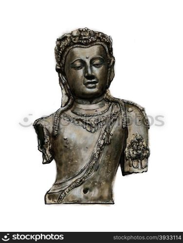 Digital paint bust of Bodhisattva Avalokiteshvara on white background