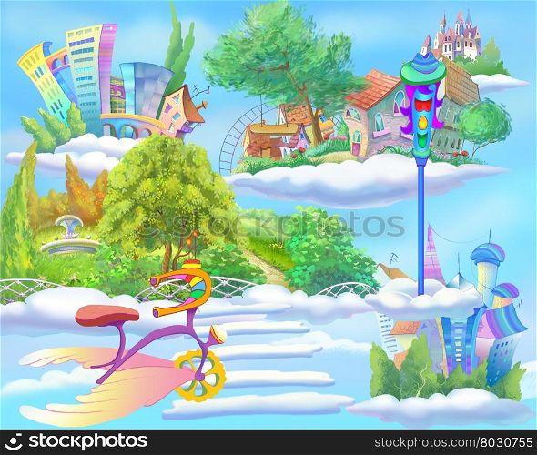 Digital Painting, Illustration of a Fairy Tale World with Floating Islands in the Sky. Fantastic Cartoon Style Artwork Scene, Story Background, Card Design