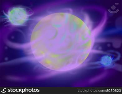 Digital Painting, Illustration of a Mysterious Space Scene with Unknown Planet. Cartoon Style Artwork Scene, Story Background, Card Design