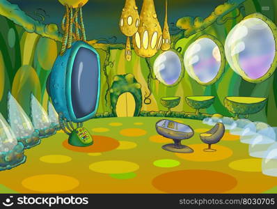 Digital Painting, Illustration of a Spaceship Cabin Futuristic Interior Cartoon of Cosmic Spacecraft in SciFi Galaxy. Fantastic Cartoon Style Character, Fairy Tale Story Background, Card Design.