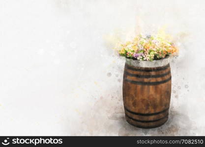 Digital painting of multicolored flowers in wood bucket, watercolor style.