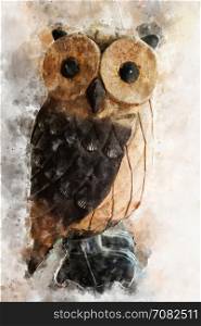 Digital painting of owl, watercolor style