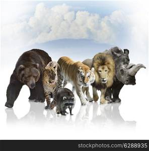 Digital Painting Of Wild Mammals Against A Blue Sky