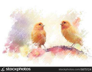Digital Painting of Yellow Birds In The Garden