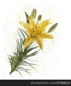 Digital Painting Of Yellow Lily Flowers
