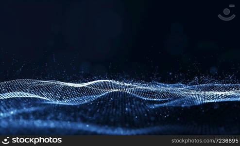 Digital particles blue color wave flow abstract background