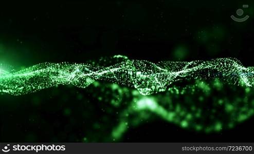 Digital particles green color wave flow abstract background