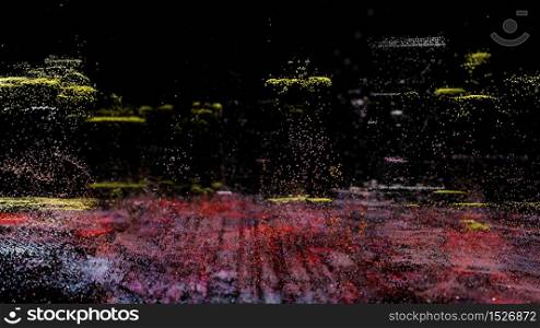 Digital particles of the city ruins scan, Technology abstract background concept