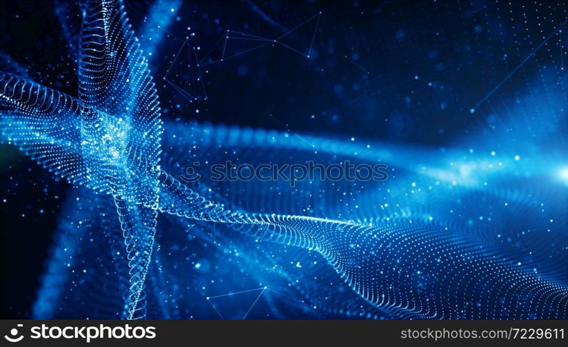 Digital particles wave flow and twist abstract motion technology background concept
