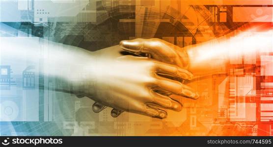 Digital Partnership with Handshake Between Man and Machine. Digital Partnership