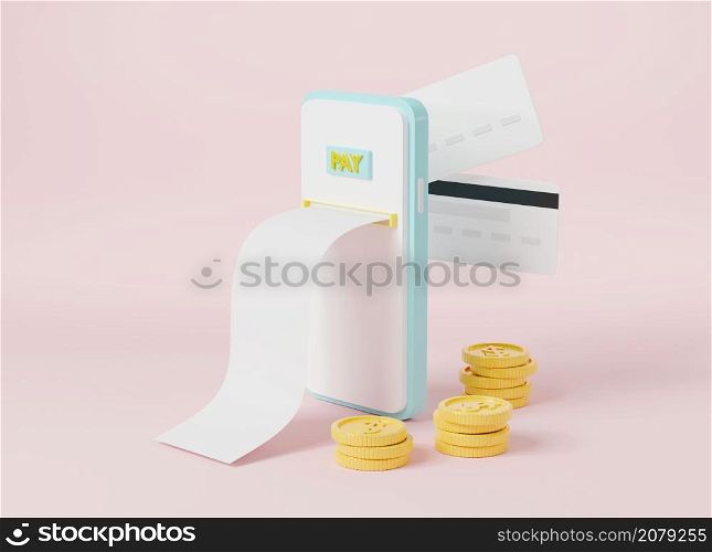 Digital payment with smartphone and online cash back, mobile phone with bill,credit card and dollar coins, Online transaction exchange service electronic bill payment, 3D rendering illustration