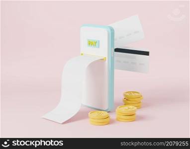 Digital payment with smartphone and online cash back, mobile phone with bill,credit card and dollar coins, Online transaction exchange service electronic bill payment, 3D rendering illustration