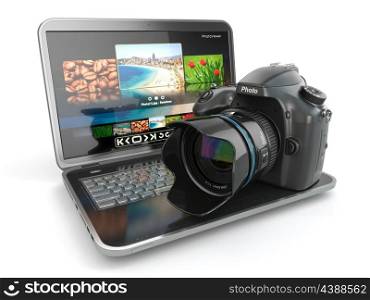 Digital photo camera and laptop. Journalist or traveler equipment. 3d