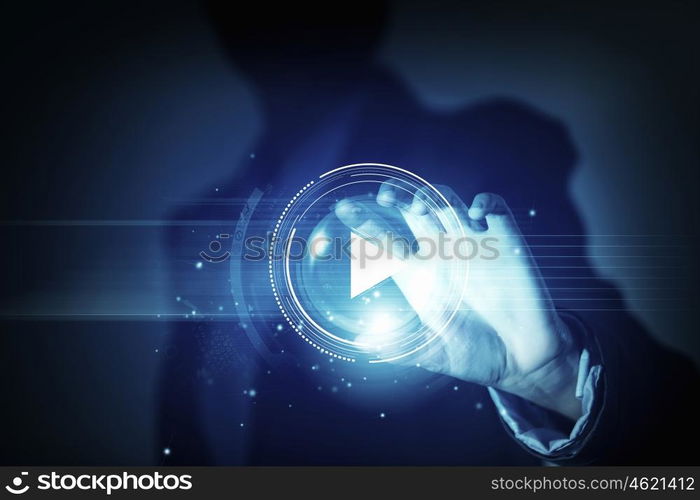 Digital play icon. Businesswoman with media player button in palm