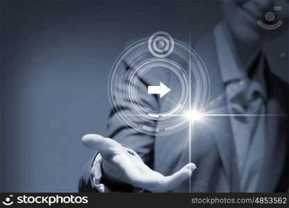 Digital play icon. Businesswoman with media player button in palm
