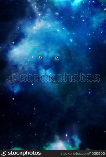 Digital rendered illustration of a 3d lion in the dark starry space scene.