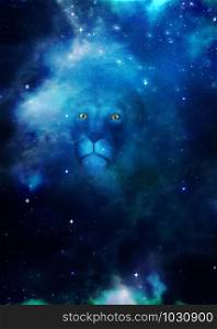 Digital rendered illustration of a 3d lion in the dark starry space scene.
