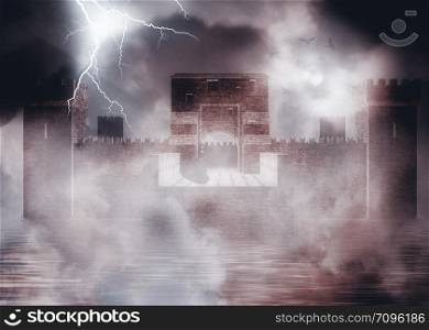 Digital rendered medieval fortress in the fog and woman, 3d illustration.