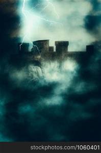 Digital rendered medieval fortress in the heavy fog at night, 3d illustration.