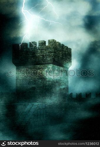 Digital rendered medieval fortress in the heavy fog at night, 3d illustration.