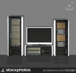 Digital rendered modern tv set with furniture 3d illustration.