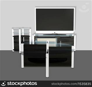 Digital rendered modern tv set with furniture 3d illustration.