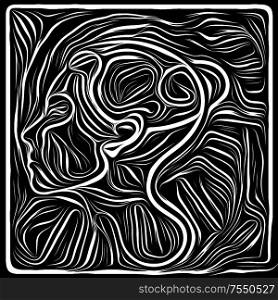 Digital Scratchboard. Life Lines series. Backdrop of human profile and woodcut pattern in association with human drama, poetry and inner symbols