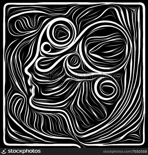Digital Scratchboard. Life Lines series. Composition of human profile and woodcut pattern for subject of human drama, poetry and inner symbols