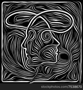 Digital Scratchboard. Life Lines series. Creative arrangement of human profile and woodcut pattern for subject of human drama, poetry and inner symbols