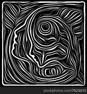 Digital Scratchboard. Life Lines series. Image of human profile and woodcut pattern in conceptual relevance to human drama, poetry and inner symbols